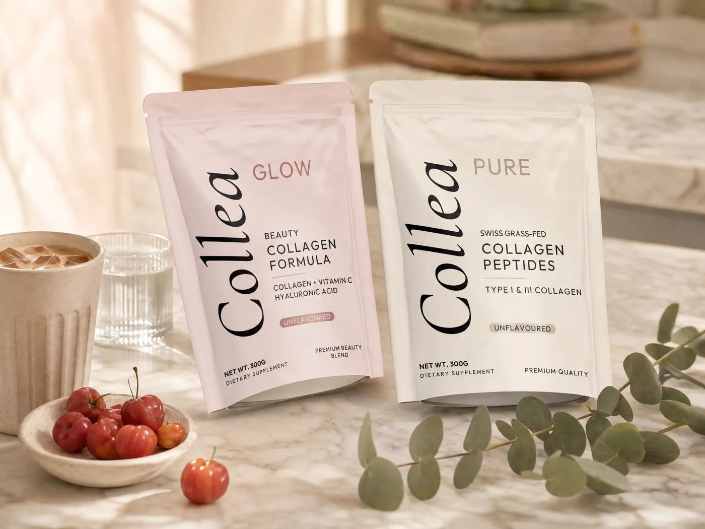 Collea Glow and Collea Pure collagen pouches on a marble counter