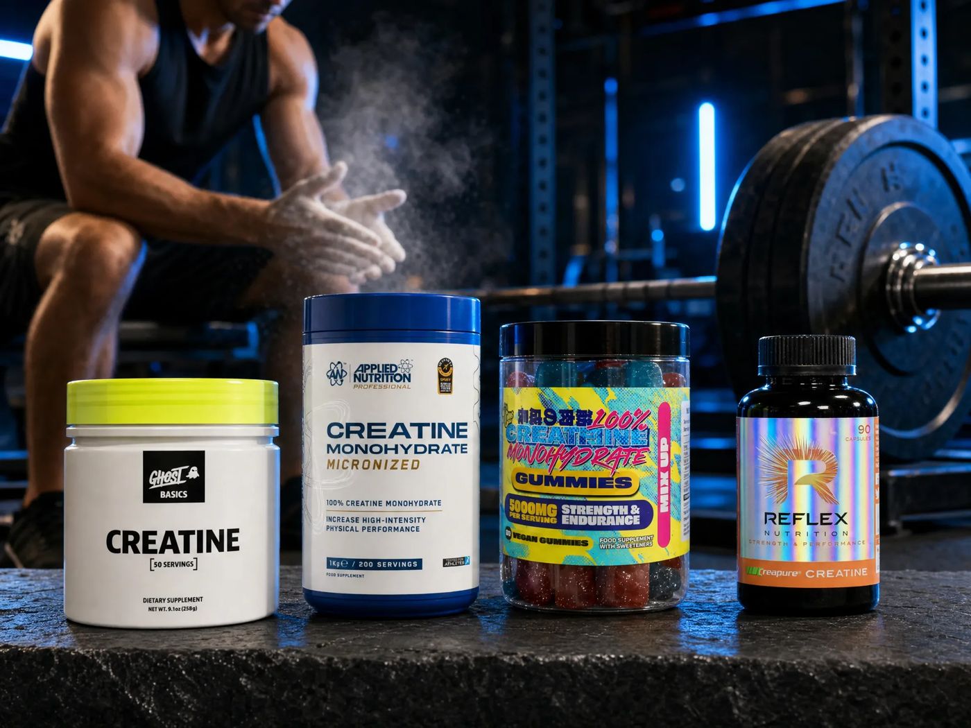 Creatine tubs, gummies and capsules on a gym bench