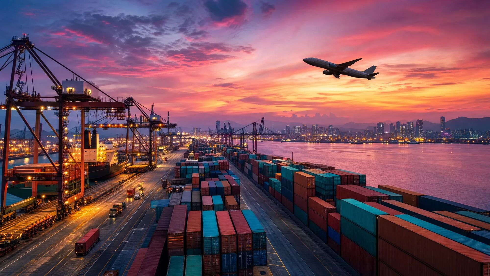 A container port at sunset with a cargo plane overhead
