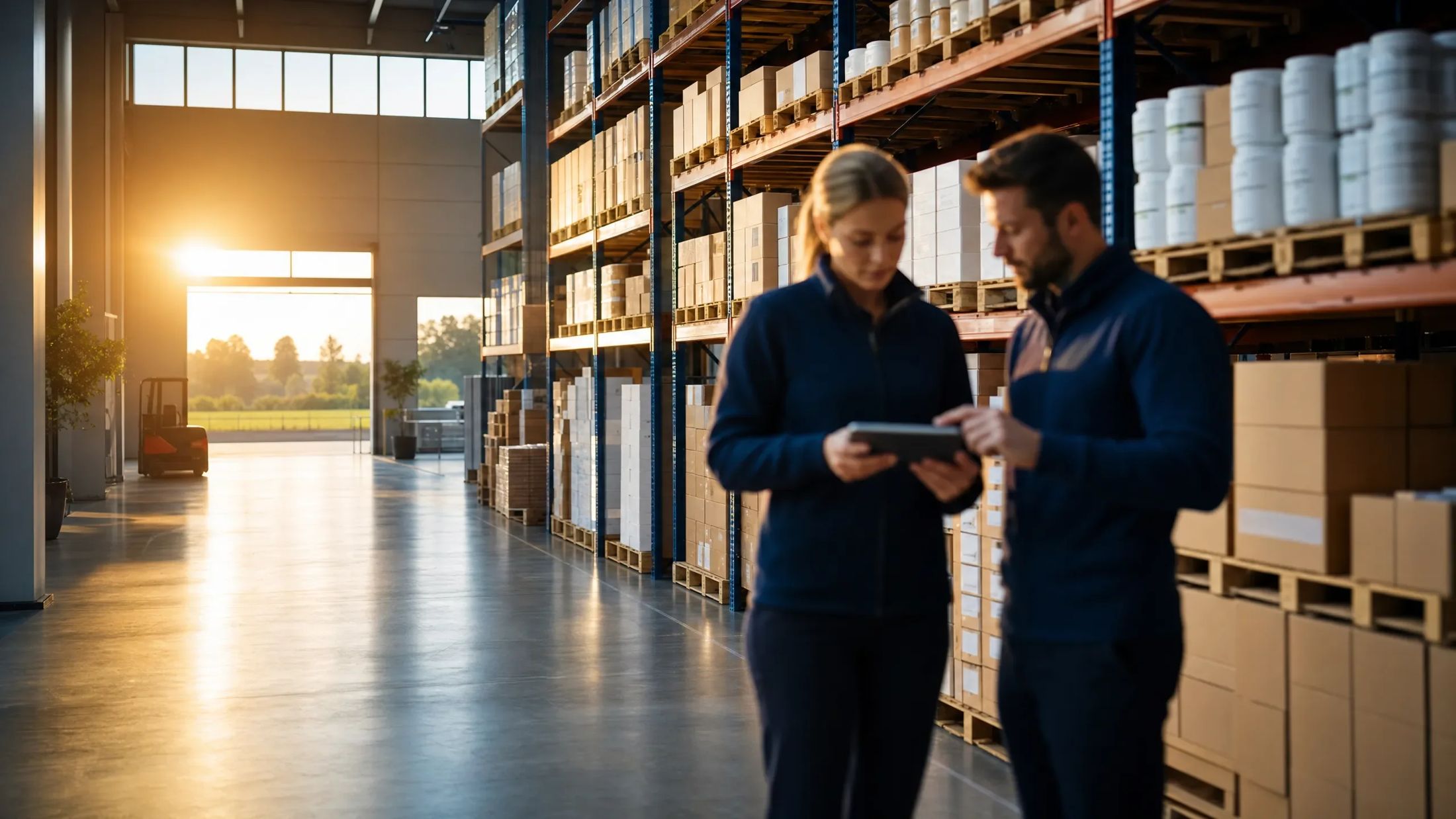 Brookline team reviewing stock in a sunlit distribution centre