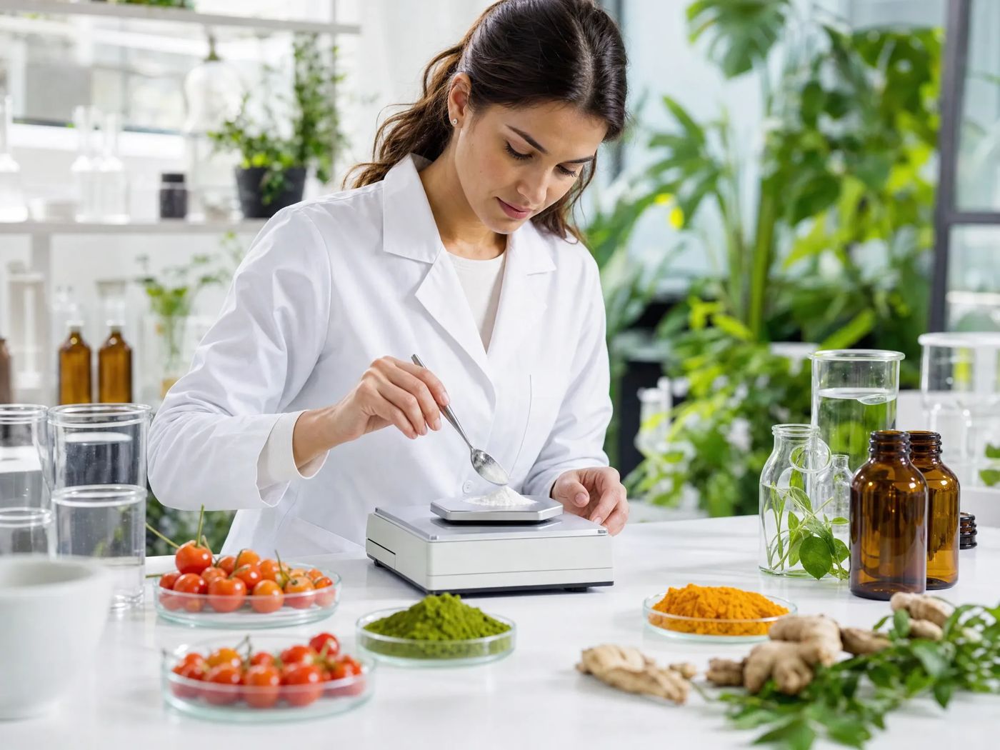 A product developer weighing ingredients in a bright formulation lab