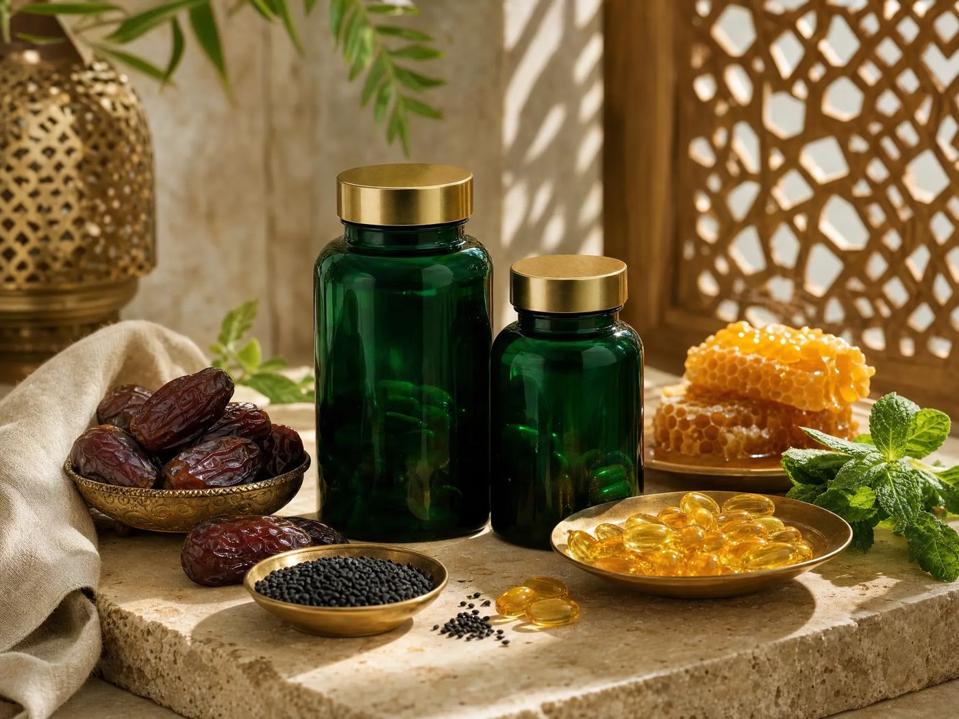 Emerald supplement bottles with dates, honeycomb and black seed