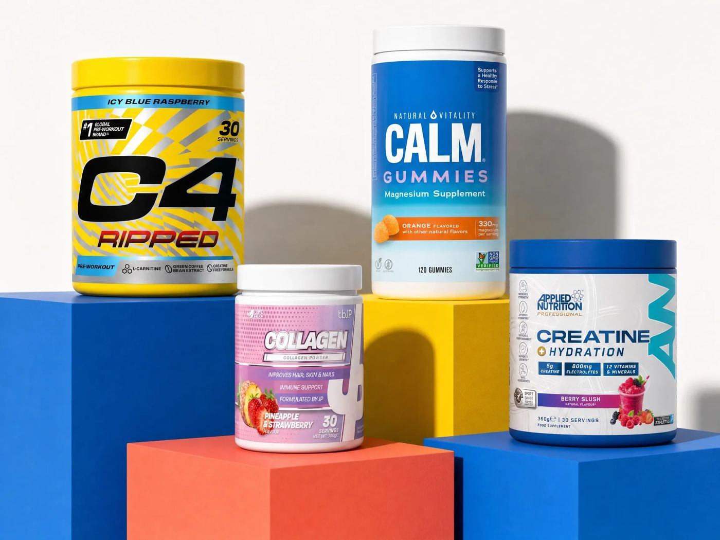 Supplement products arranged on colourful podiums